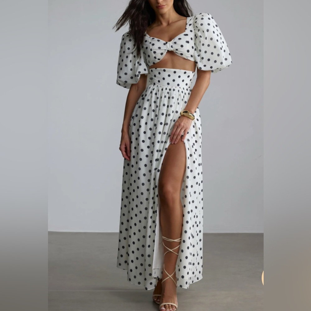 Elegant White Polka Dot Dress with Puff Sleeves